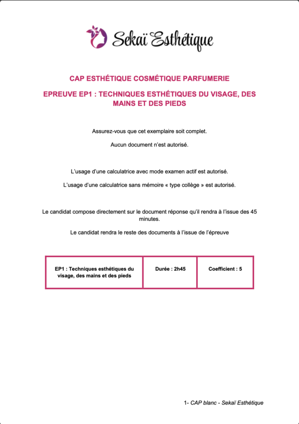 Annales CAP Esthétique 👉 12 sujets + Corrigés + 50 sujets EP3 type : le package ULTIME des épreuves EP1, EP2 et EP3 – Image 2